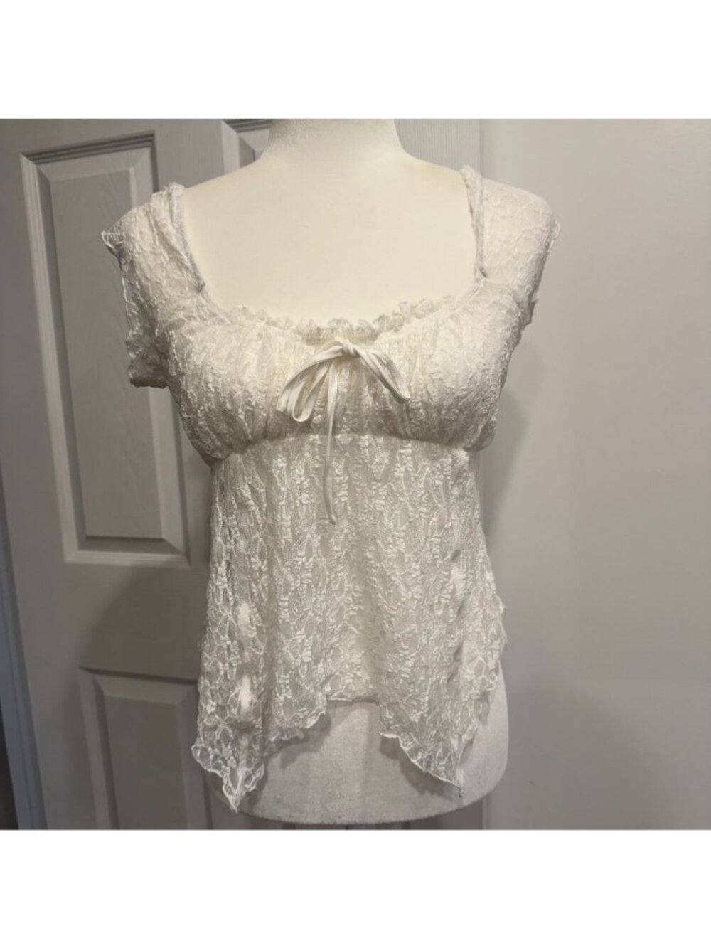 Coquette Y2K Fairycore Sheer Lace White Handkerchief Blouse Size Small
